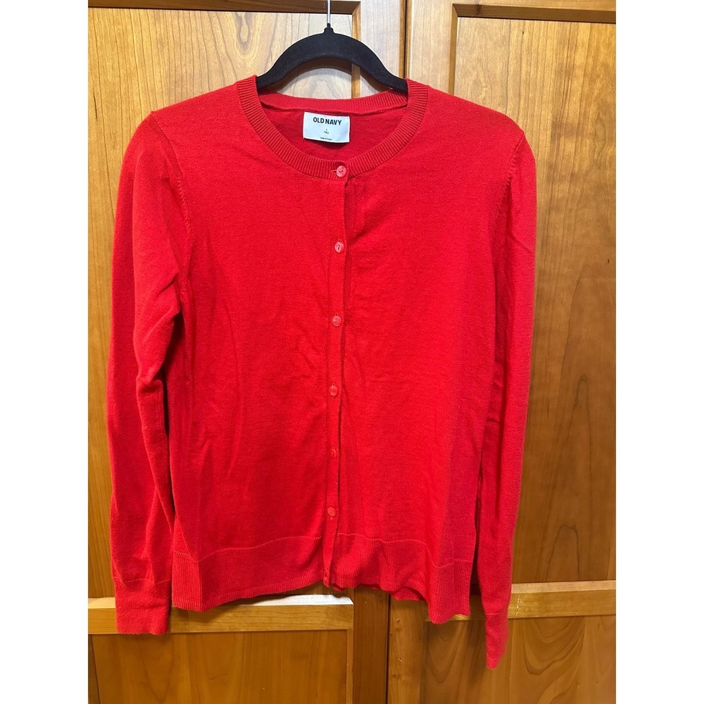 Old Navy Womens Red Button Front Cardigan Sweater Crew Neck L Tall Cotton Blend